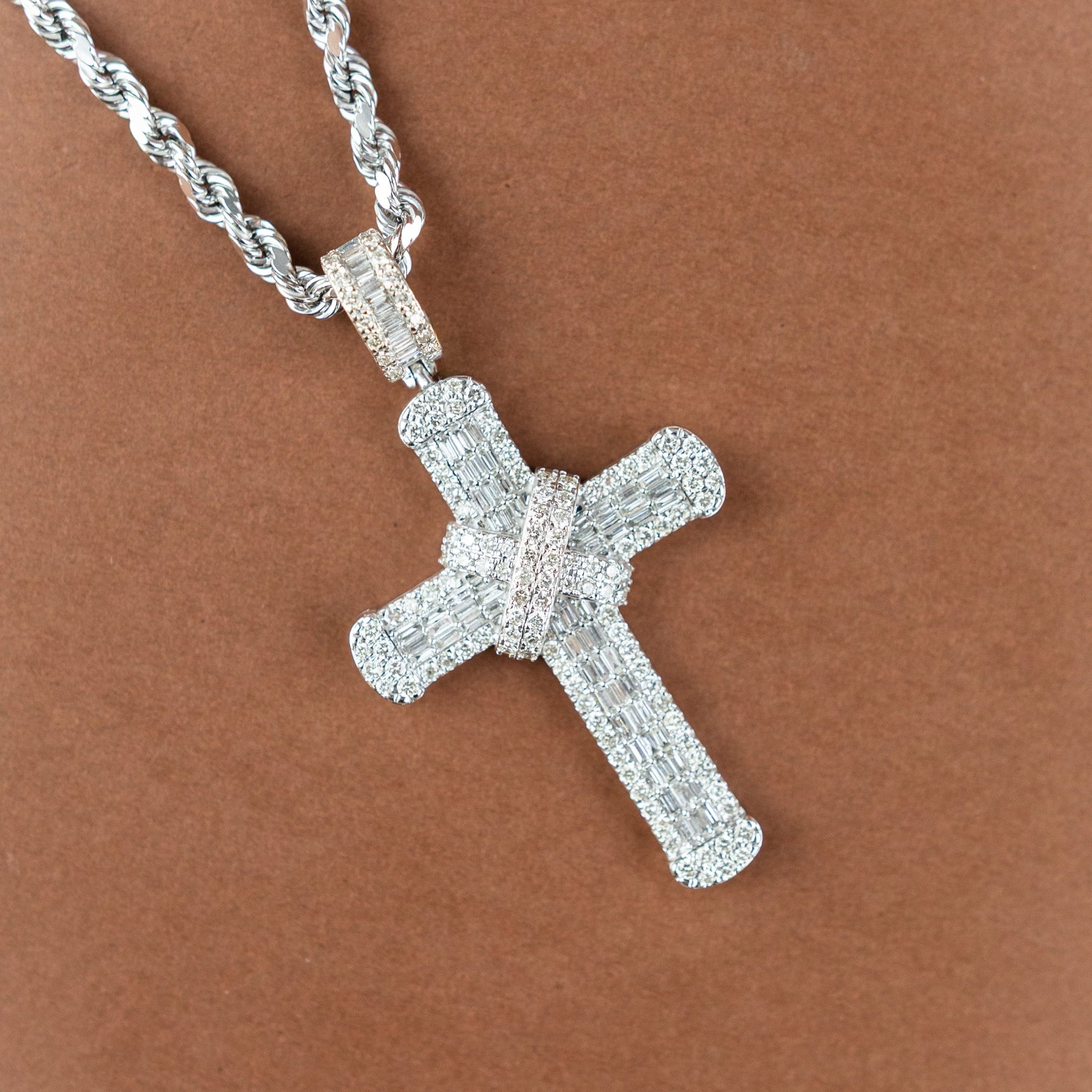 9 Karat White Gold Natural Diamond Cross Pendant 3.37ct on Rope Chain at RR Jewellers Yarm