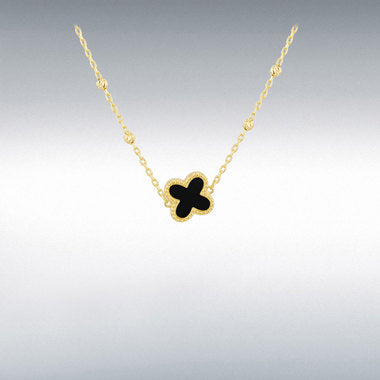 Designer inspired 9ct yellow gold black onyx petal necklace on diamond cut ball detail chain
