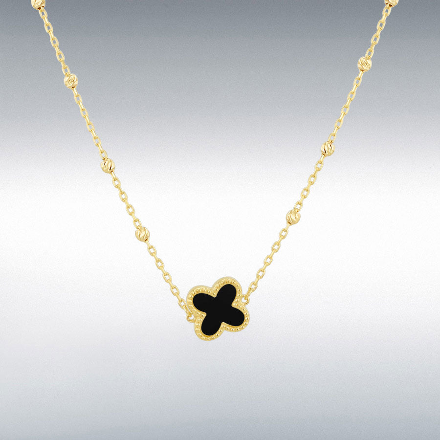 Designer inspired 9ct yellow gold black onyx petal necklace on diamond cut ball detail chain