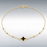Designer inspired 9ct yellow gold black onyx petal bracelet on diamond cut ball detail chain