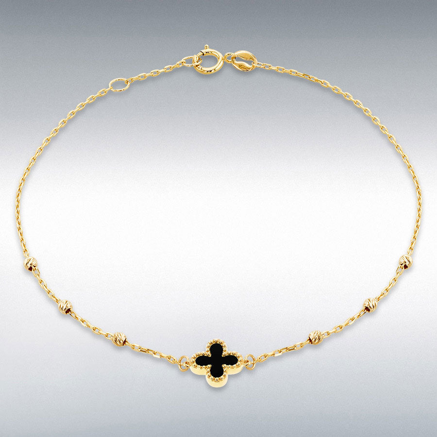Designer inspired 9ct yellow gold black onyx petal bracelet on diamond cut ball detail chain