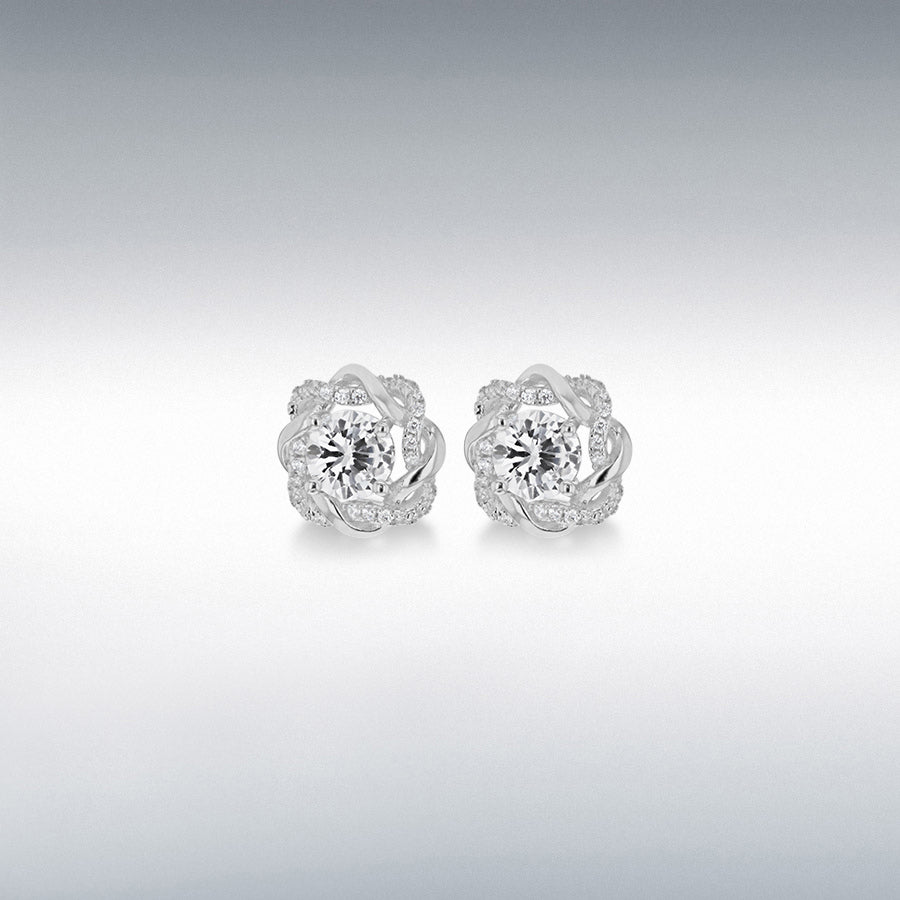 Sterling silver rhodium plated 12mm cz twine detail stud earrings