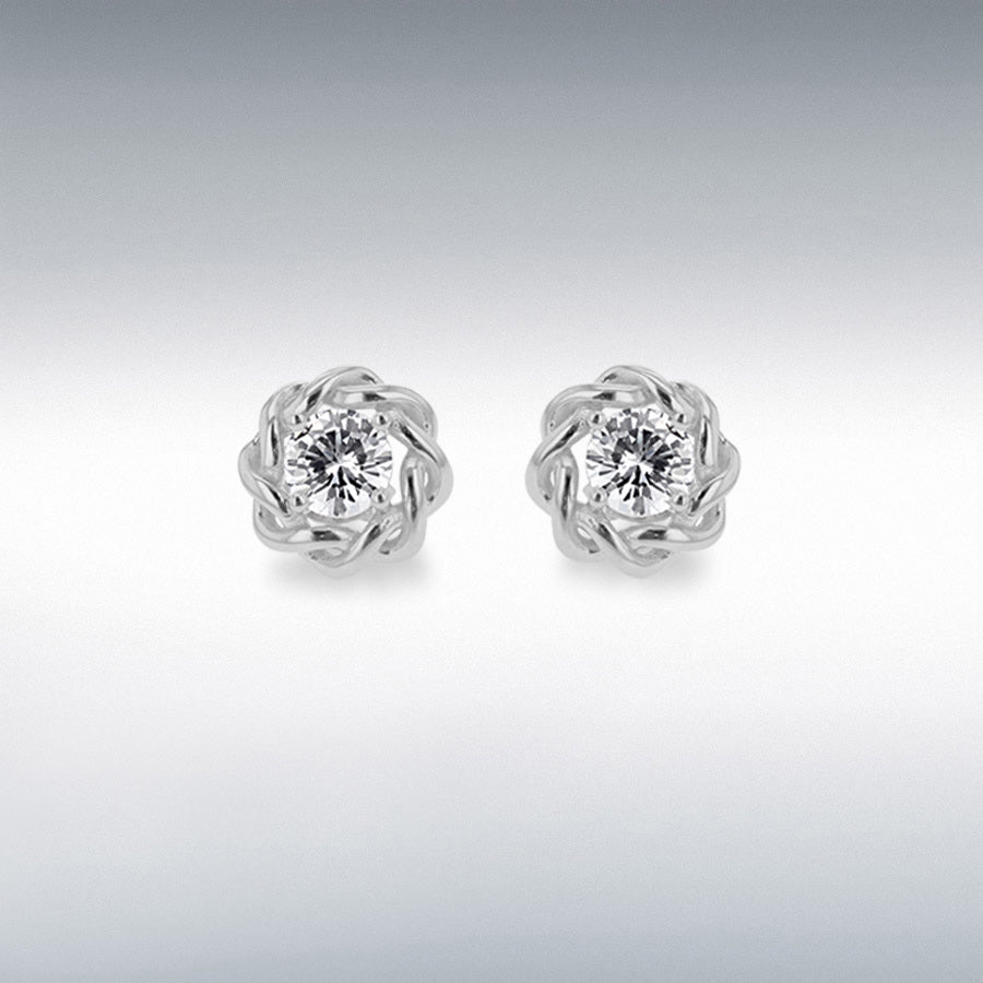 Sterling silver rhodium plated 12mm polished twine detail cz stud earrings
