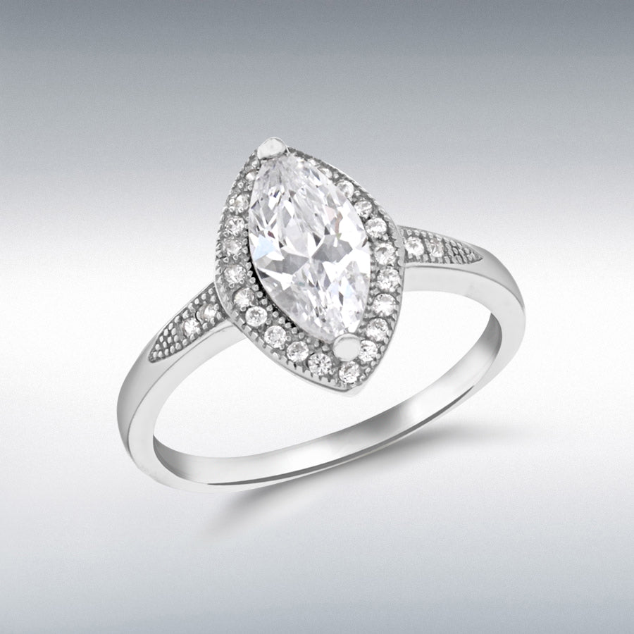 Sterling silver rhodium plated marquise cz halo ring