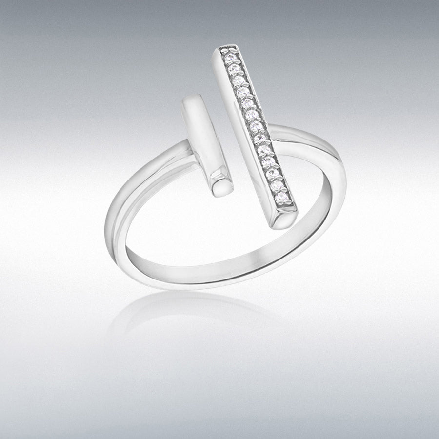 Sterling silver rhodium plated cz/polished bar open ring
