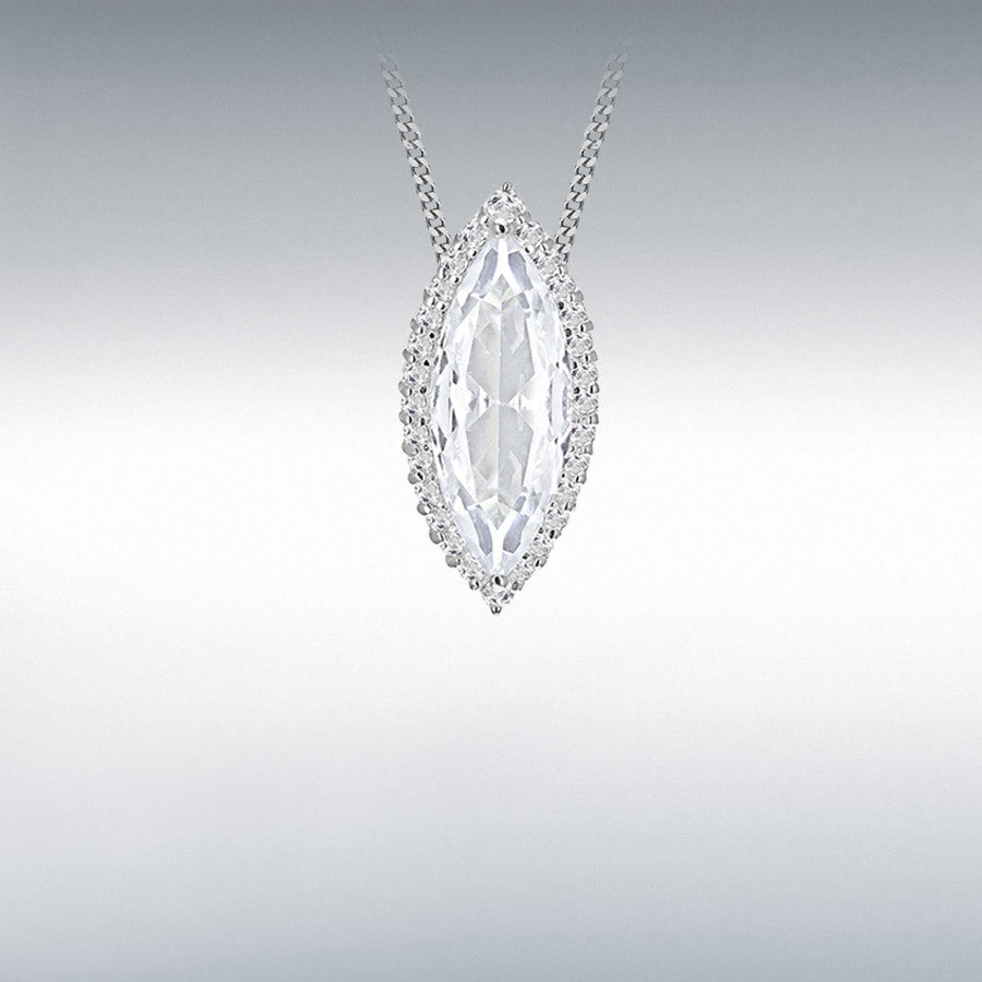 Sterling silver large cz marquise halo pendant on curb chain