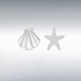 Sterling silver starfish & shell asymmetric stud earrings
