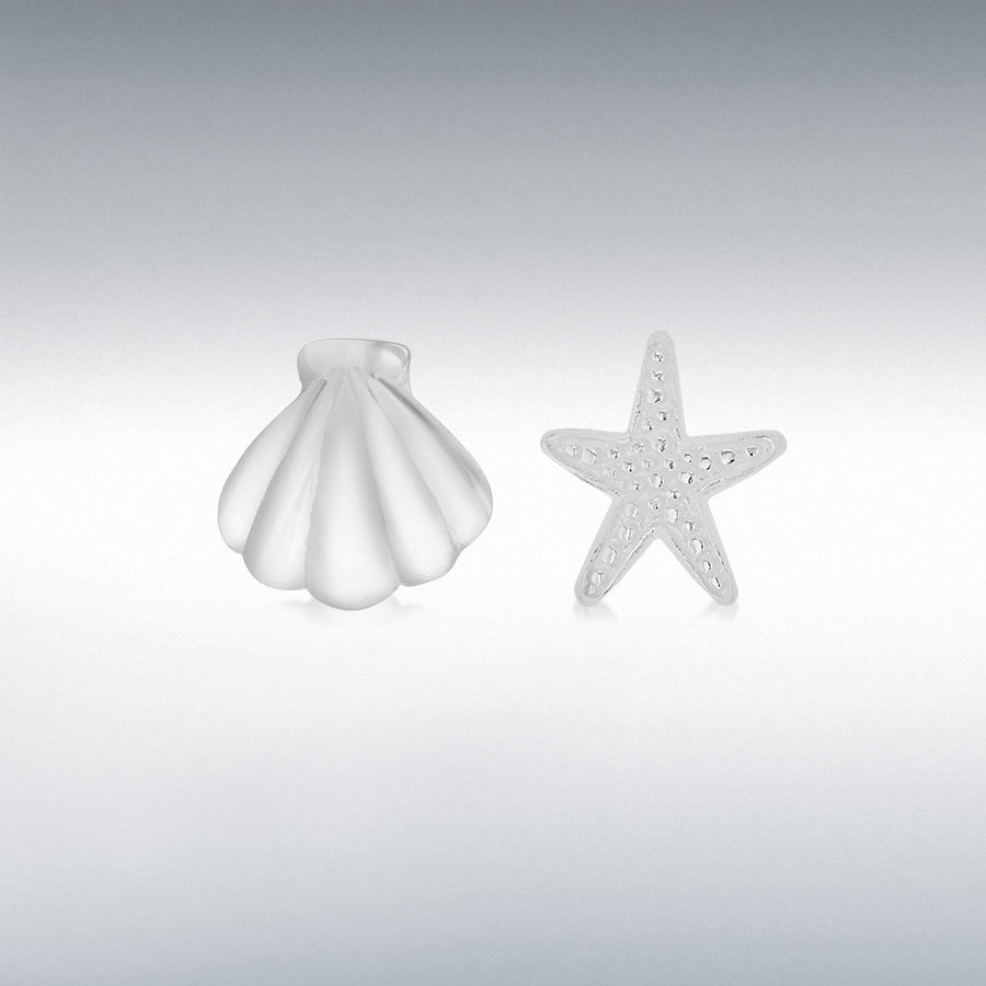 Sterling silver starfish & shell asymmetric stud earrings