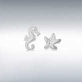 Sterling silver seahorse & starfish asymmetric cz detail stud earrings