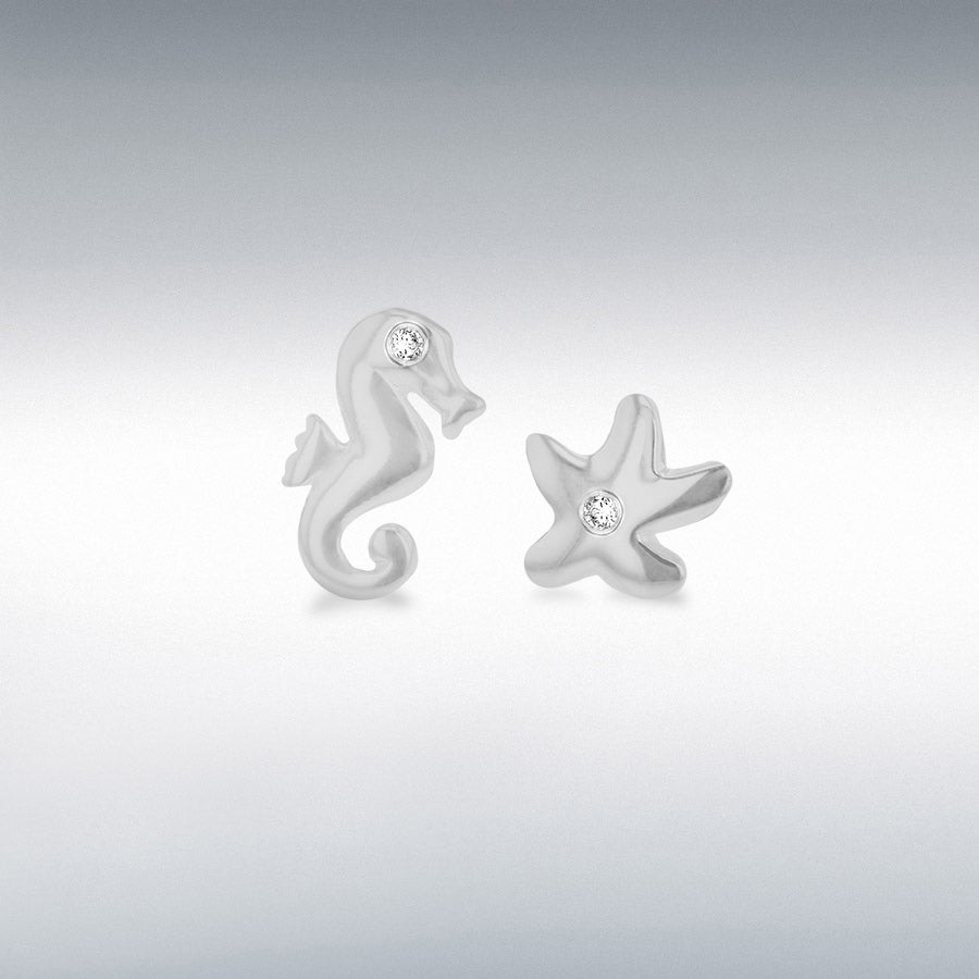 Sterling silver seahorse & starfish asymmetric cz detail stud earrings