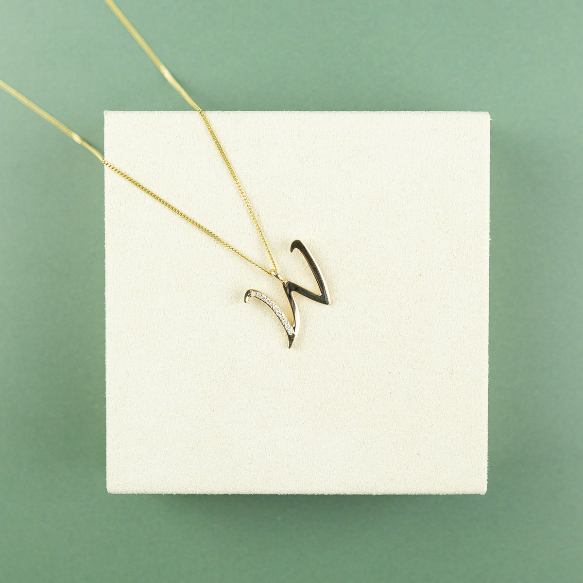 9ct Yellow Gold & Diamond 'W' Initial Pendant on 16 - 18 inch Curb Chain at RR Jewellers Yarm UK