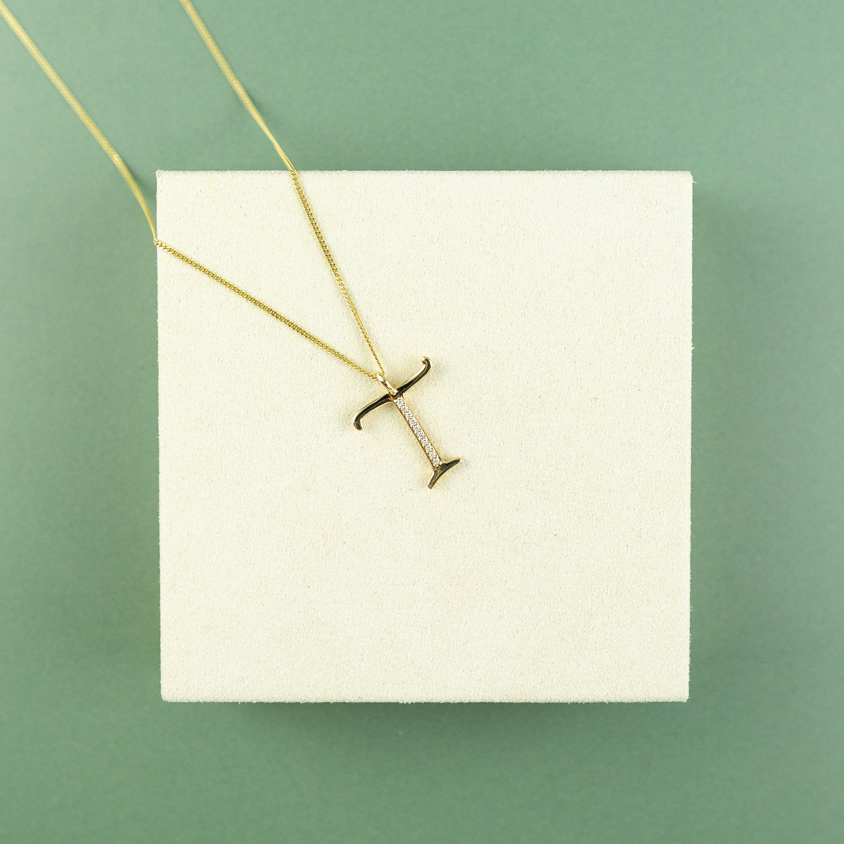 9ct Yellow Gold & Diamond 'T' Initial Pendant on 16 - 18 inch Curb Chain at RR Jewellers Yarm uk