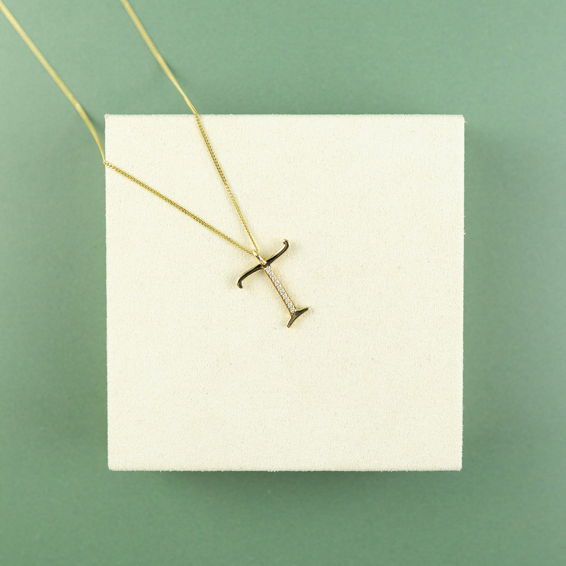 9ct Yellow Gold & Diamond 'T' Initial Pendant on 16 - 18 inch Curb Chain at RR Jewellers Yarm uk