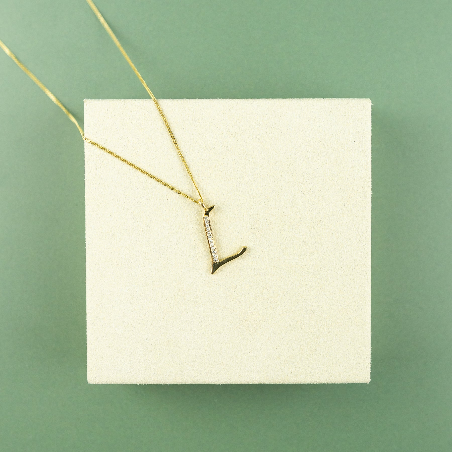 9ct Yellow Gold & Diamond 'L' Initial Pendant on 16 - 18 inch Curb Chain at RR Jewellers Yarm UK