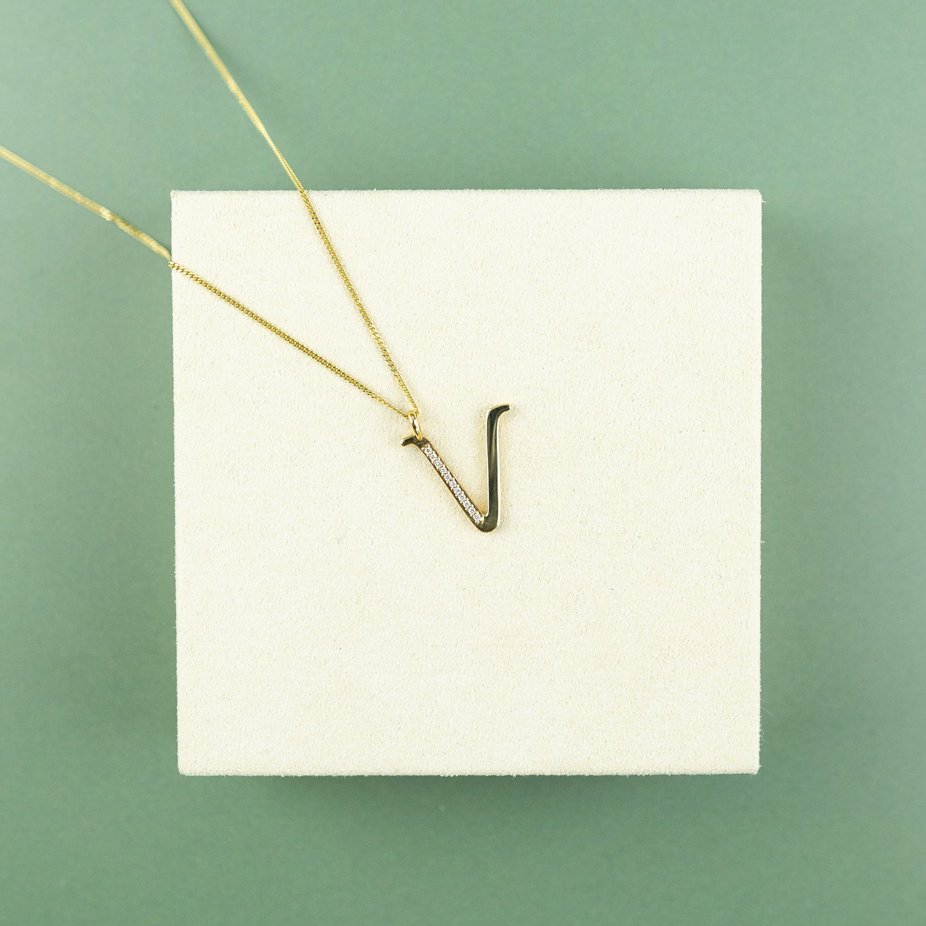 9ct Yellow Gold & Diamond 'V' Initial Pendant on 16 - 18 inch Curb Chain