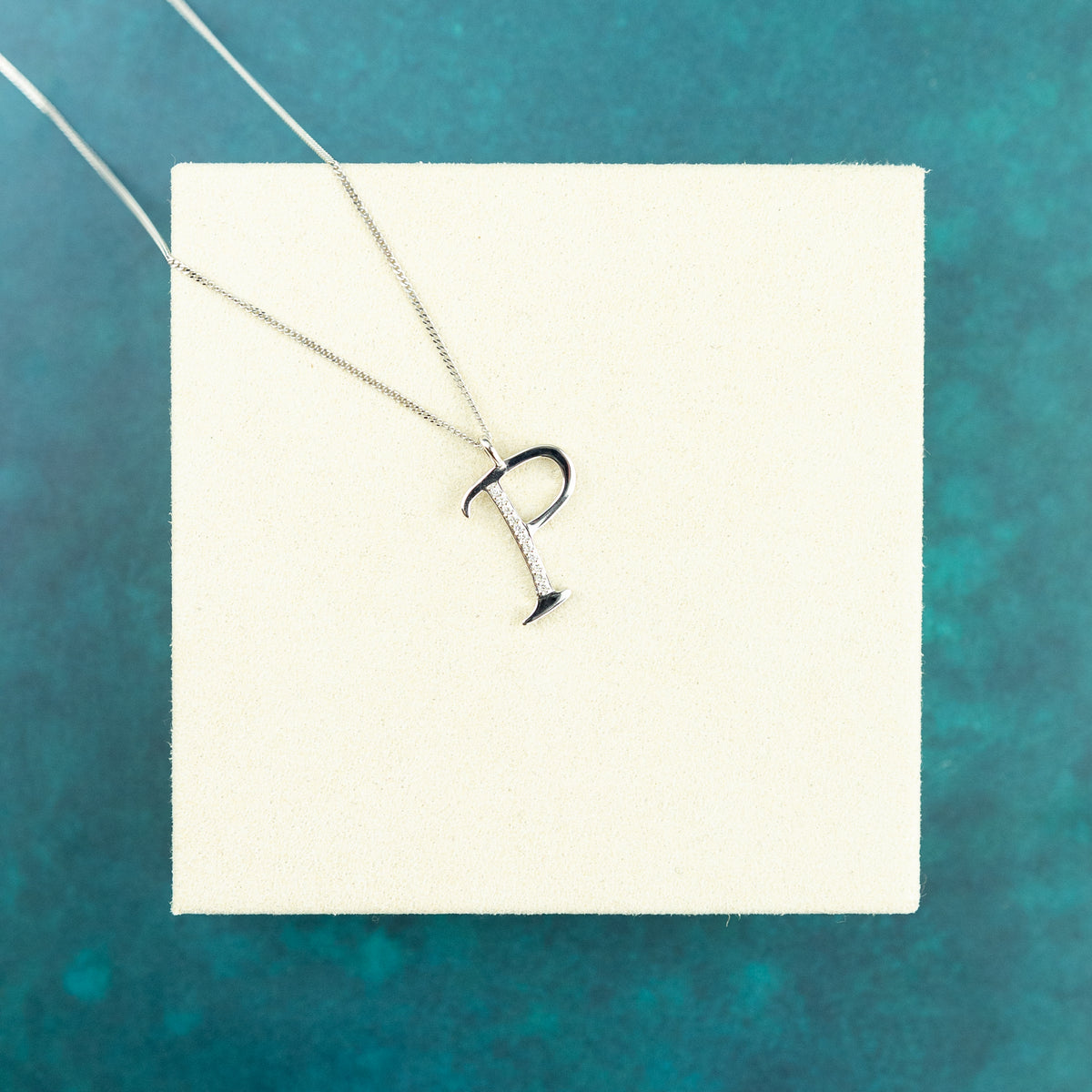 9ct white gold diamond initial P necklace 16-18 inch curb chain.