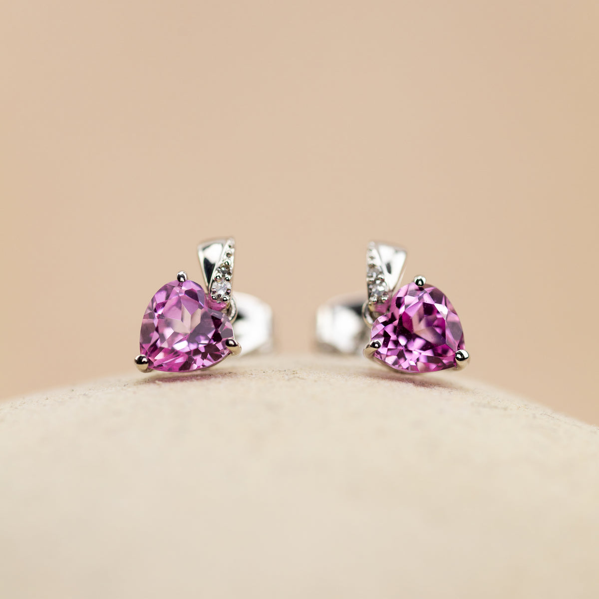 9ct white gold pink sapphire and diamond heart stud earrings