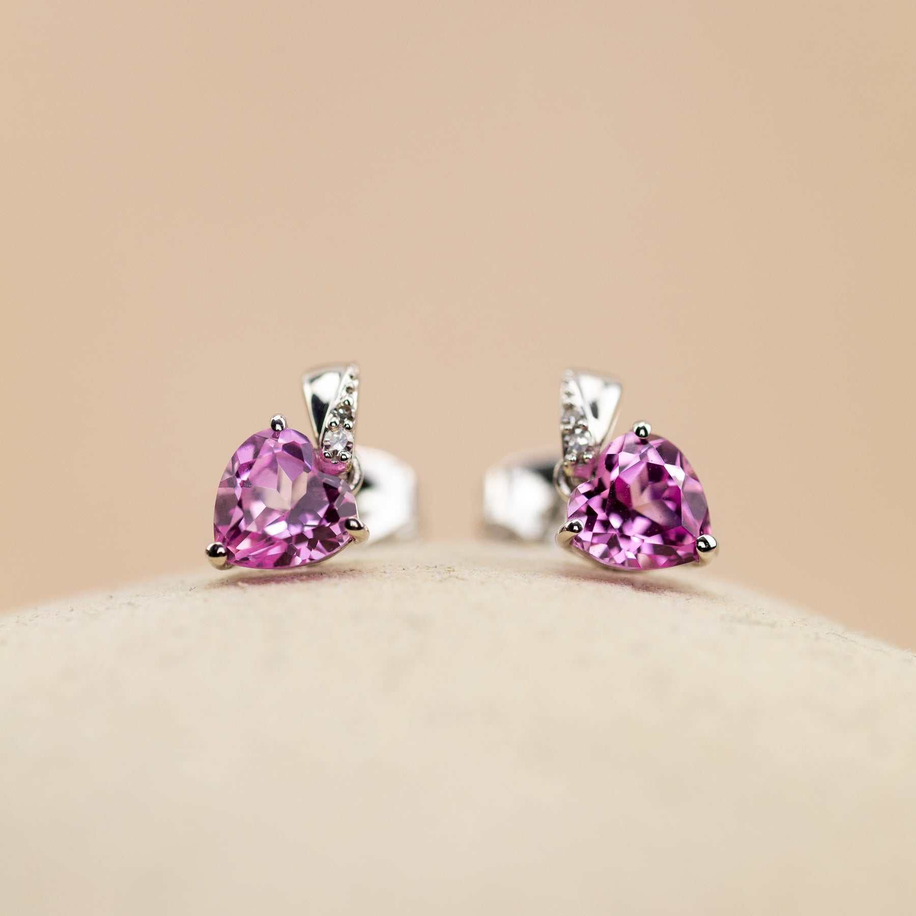 9ct white gold pink sapphire and diamond heart stud earrings