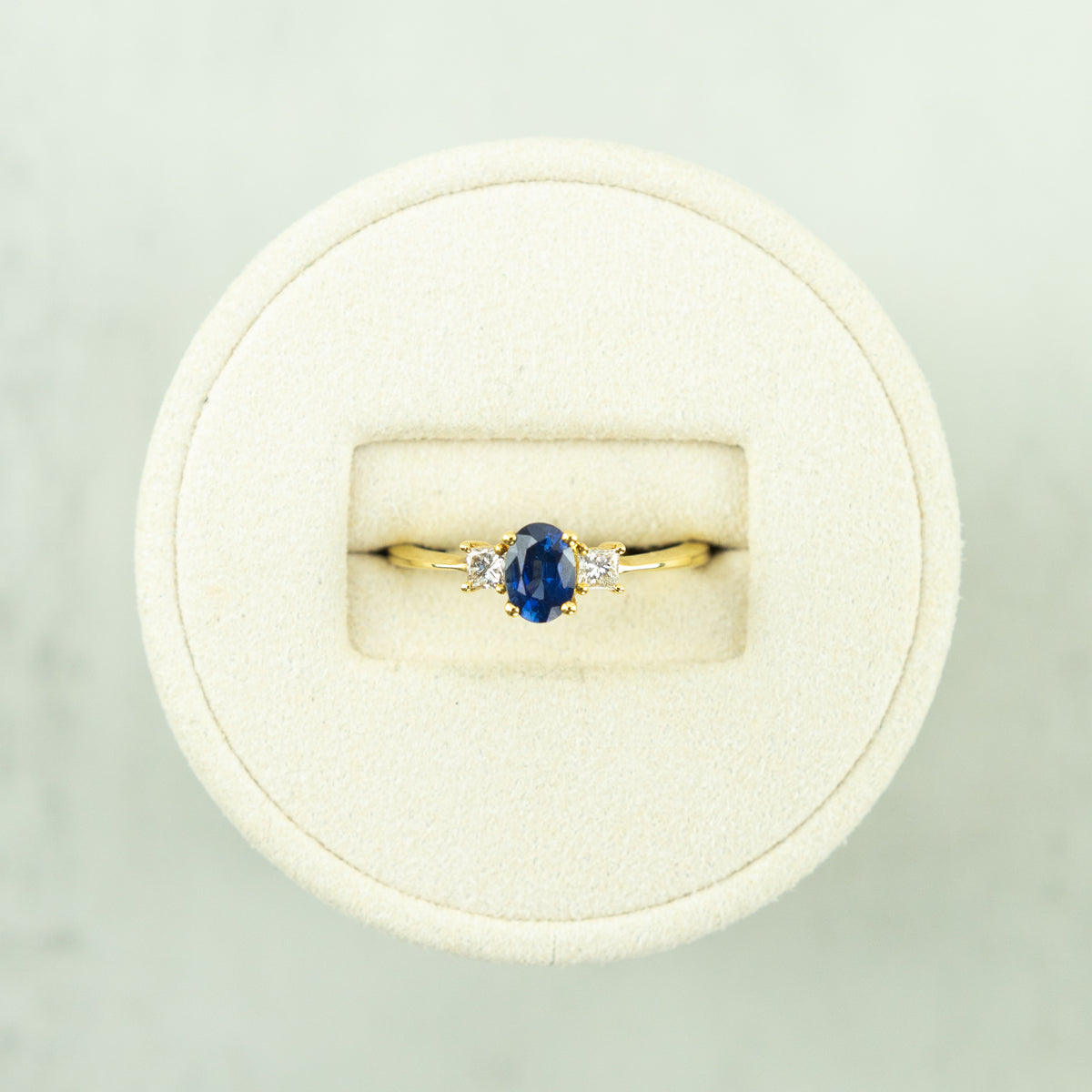 18 Karat Yellow Gold Oval Sapphire & Diamond Trilogy Ring at RR Jewellers Yarm