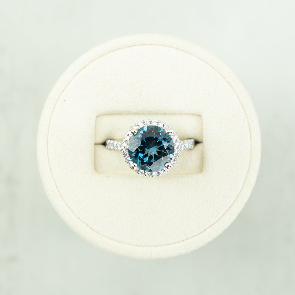 Platinum Brilliant Round London Blue Topaz Ring with Diamond Halo & Shoulders at RR Jewellers