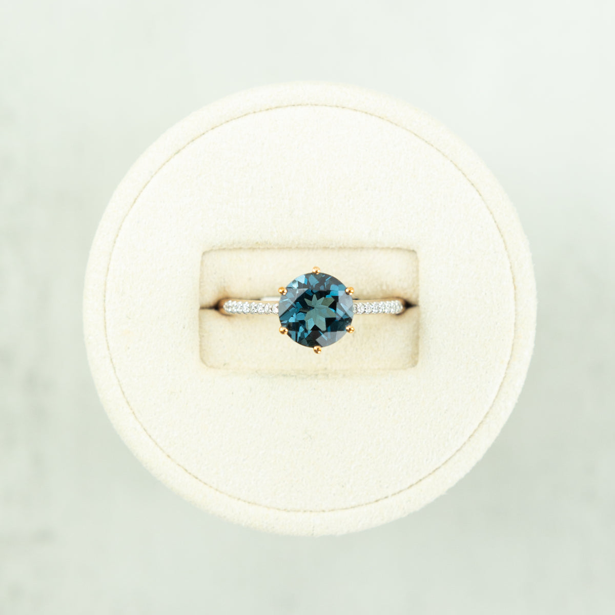9 Karat Rose Gold Round London Blue Topaz with Diamond Shoulders at RR Jewellers Yarm