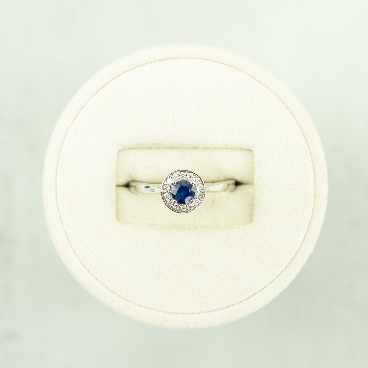 9 Karat White Gold Sapphire & Diamond Halo Ring at RR Jewellers Yarm UK
