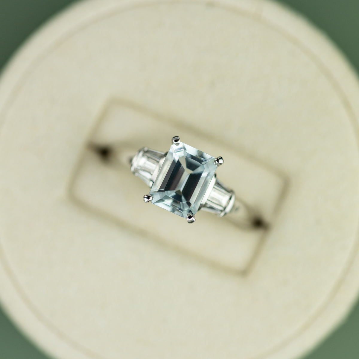 9 Karat White Gold Ring with Aquamarine & Diamond Baguette Shoulders at RR Jewellers Yarm UK