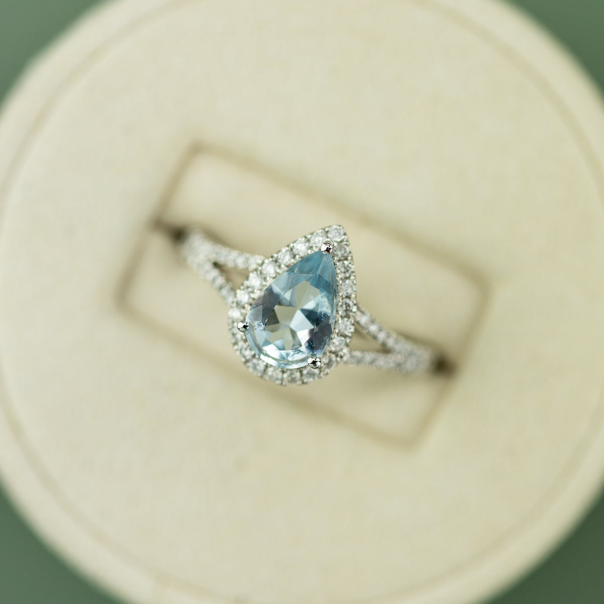 18 Karat White Gold Ring with 1.00ct Aquamarine & Diamond Halo/Split Shoulders at RR Jewellers Yarm