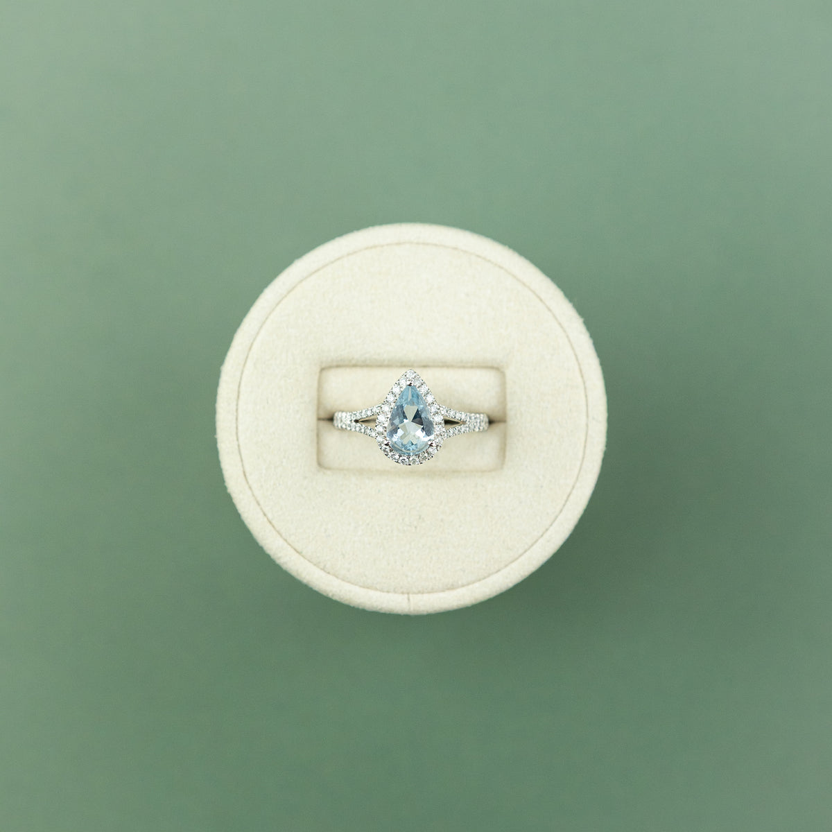 18 Karat White Gold Ring with 1.00ct Aquamarine & Diamond Halo/Split Shoulders at RR Jewellers Yarm