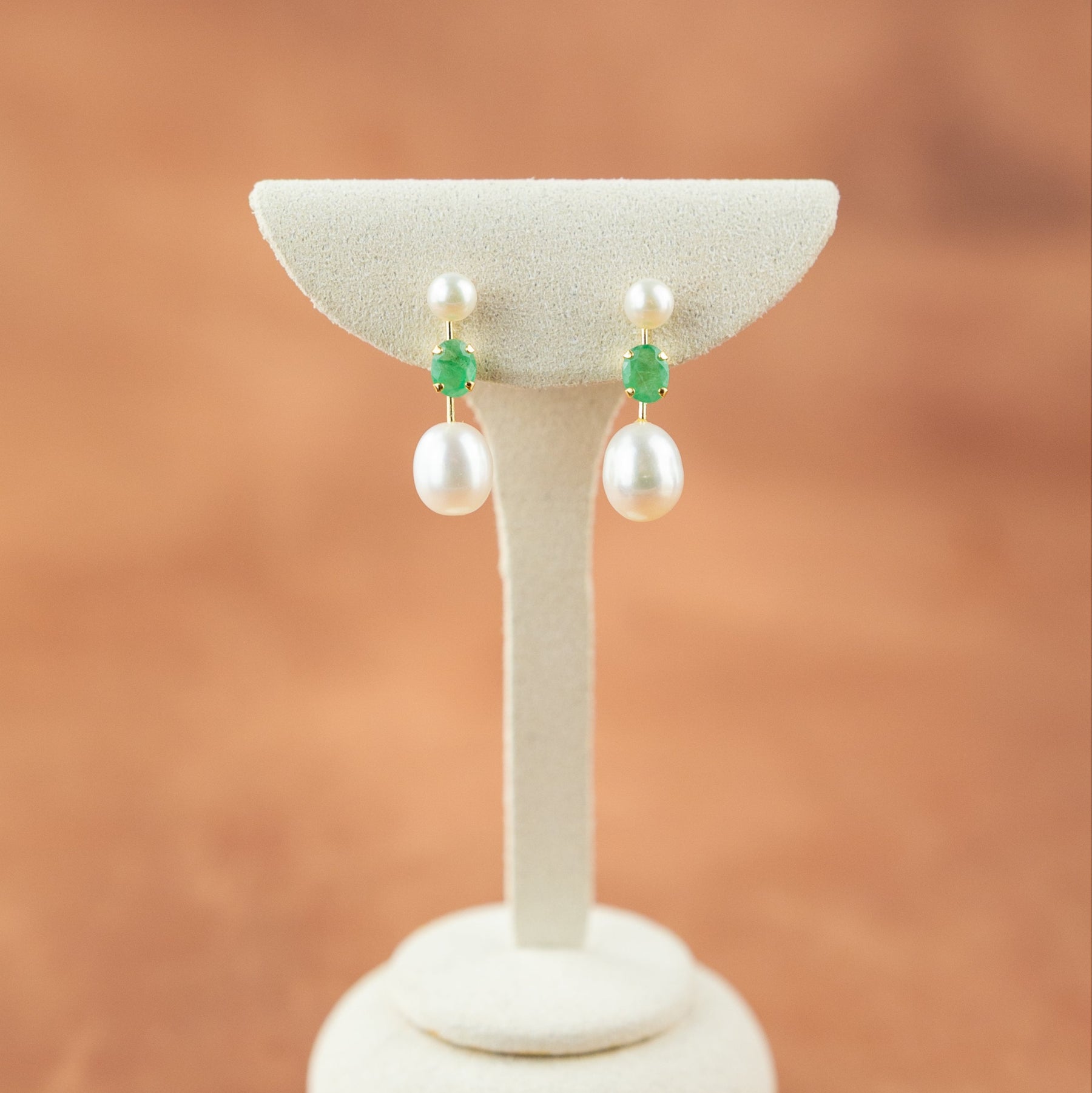 9ct yellow gold white pearl and emerald drop earrings