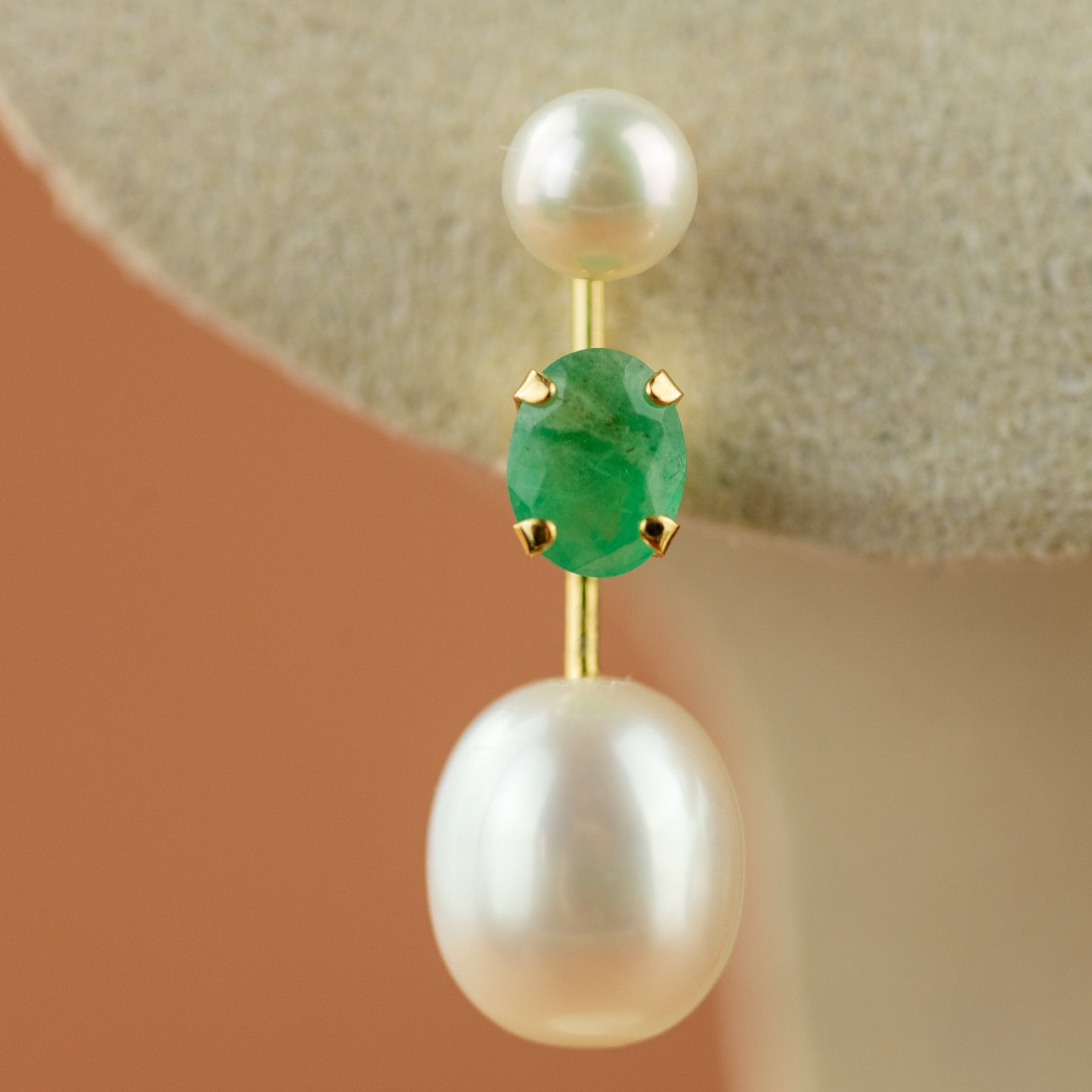9ct yellow gold white pearl and emerald drop earrings