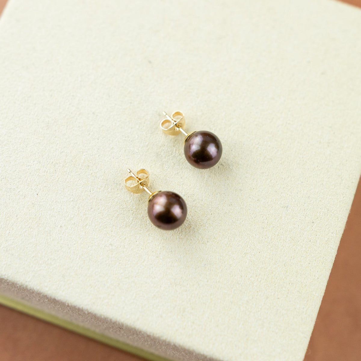 Black Pearl Studs with 9Karat Yellow Gold Backs 8mm
