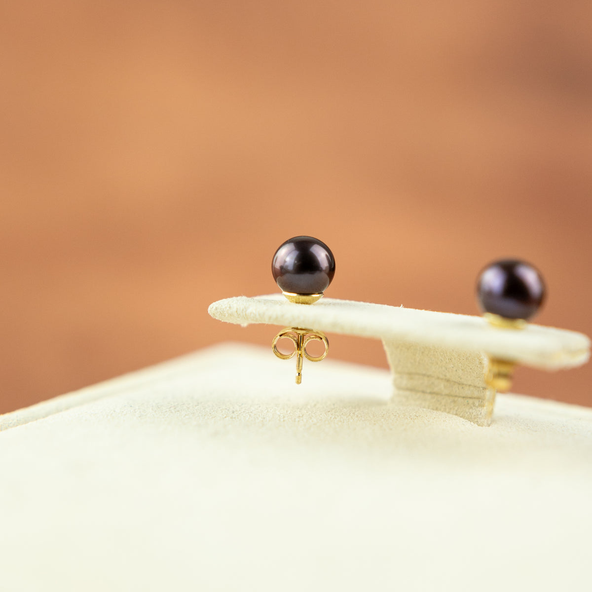 Black Pearl Studs with 9Karat Yellow Gold Backs 8mm