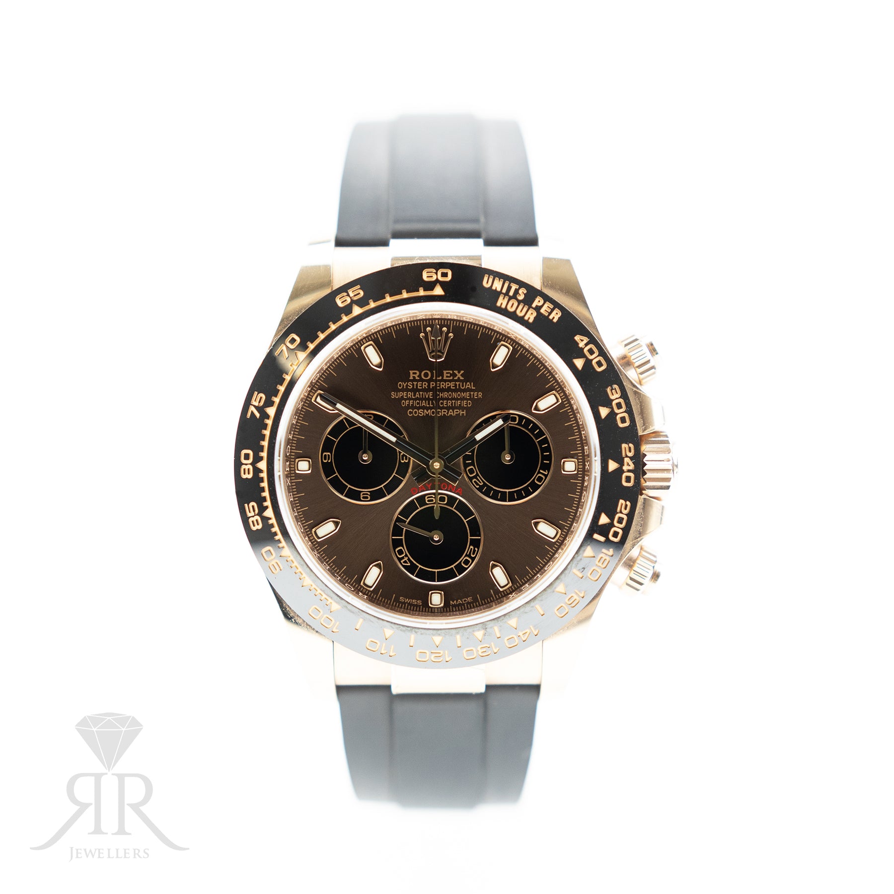 2022 Rolex COSMOGRAPH DAYTONA Everose Gold, Oysterflex, Chocolate Dial, 40mm 116500LN Available at RR Jewellers Yarm