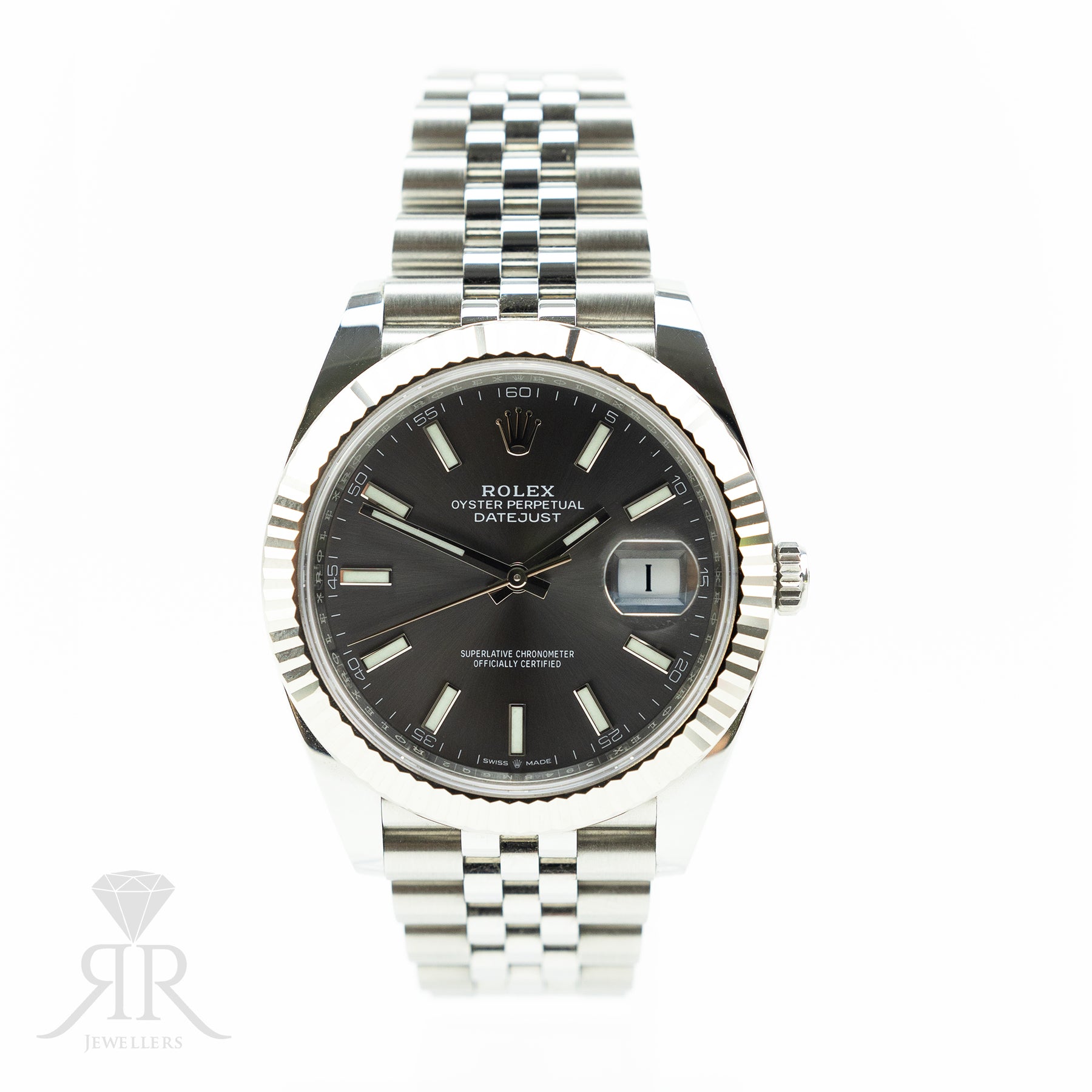 Worn Pre - Owned 2021 Rolex DATEJUST 41mm Oystersteel, White Gold Fluted Bezel, Grey Dial, Full set with box & papers available at RR JEWELLERS YARM