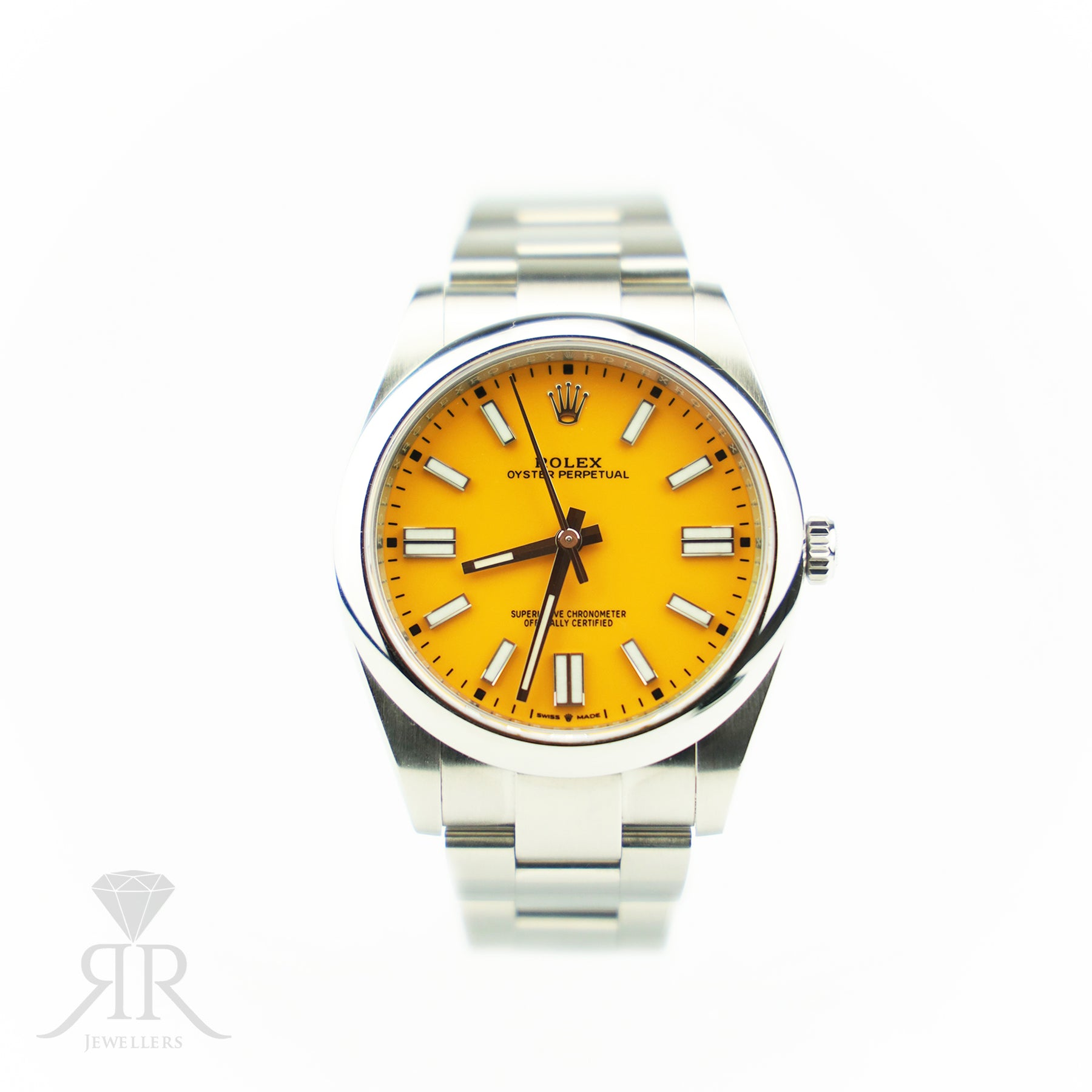 Unworn Pre - Owned 2021 Rolex OYSTER PERPETUAL 41mm Oystersteel Yellow Dial 124300 at RR Jewellers Yarm
