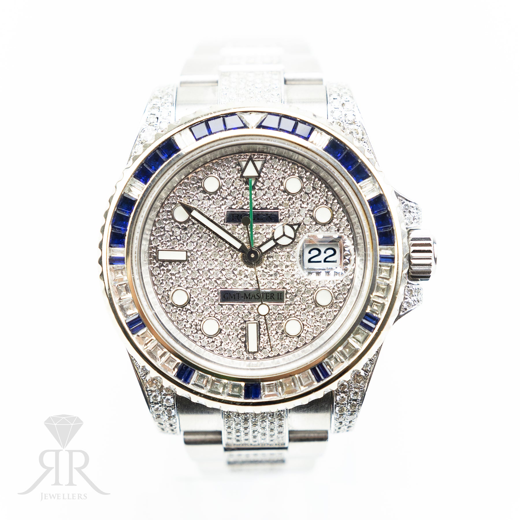 Pre - Owned Worn 2013 Rolex GMT-Master II 40mm Custom Diamond Dial, Case, Bracelet 116710LN Full set with box, papers & spare link YARM RR JEWELLERS