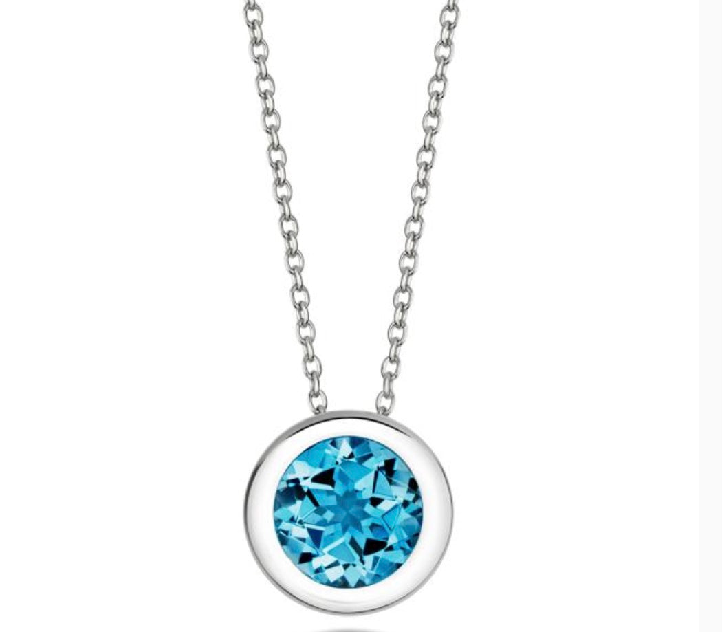 18ct white gold round brilliant blue topaz bezel set floating necklace