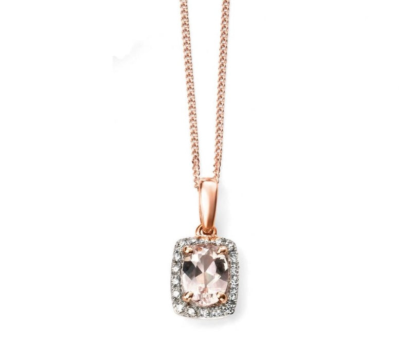 9ct rose gold morganite and diamond halo necklace