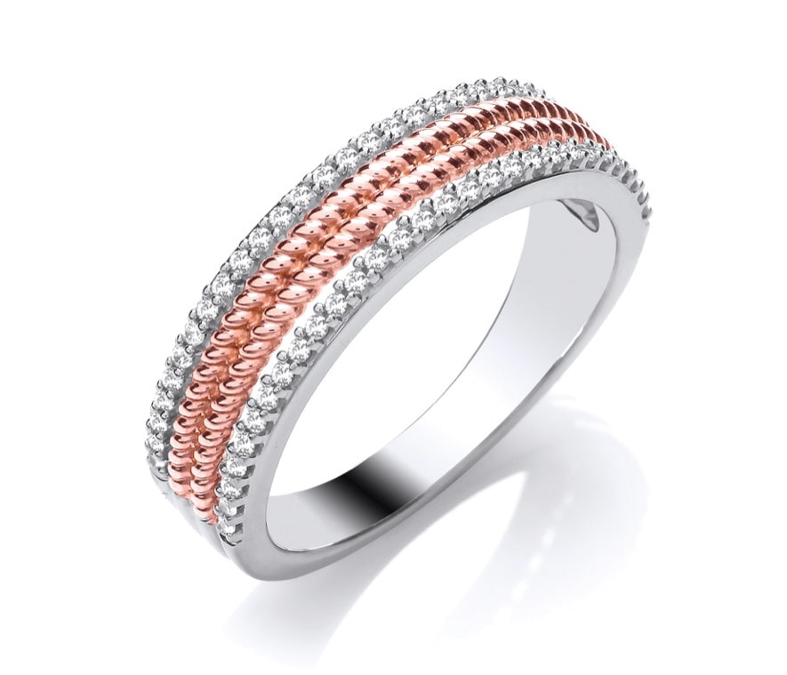9ct rose and white gold double row diamond band with a modern beaded edge ring
