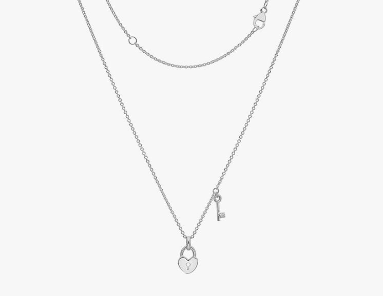Silver heart padlock and key necklace