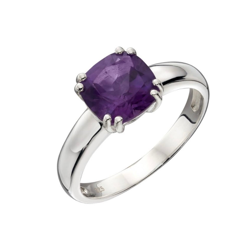 Silver amethyst cushion cut ring