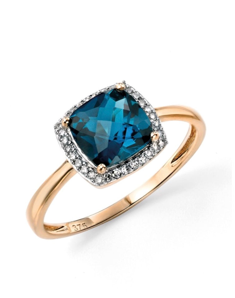 9ct yellow gold cushion cut london blue topaz and diamond set halo ring