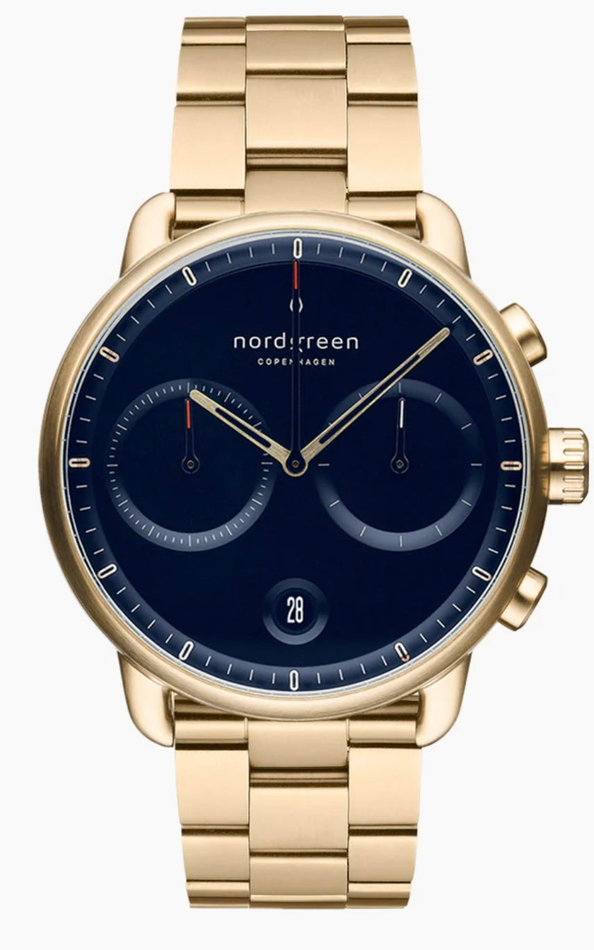 Pioneer 42mm Yellow Metal navy Dial with Yellow Metal 3 link bracelet Watch Strap
