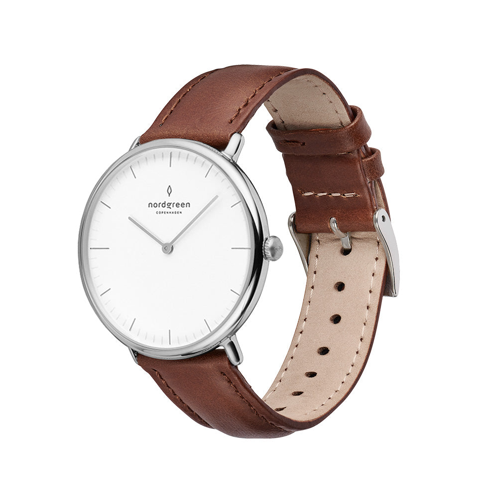 Native 40mm Silver White Dial with Brown Leather Watch Strap