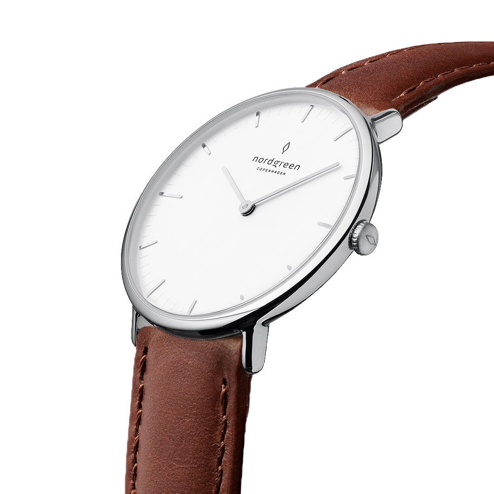 Native 40mm Silver White Dial with Brown Leather Watch Strap