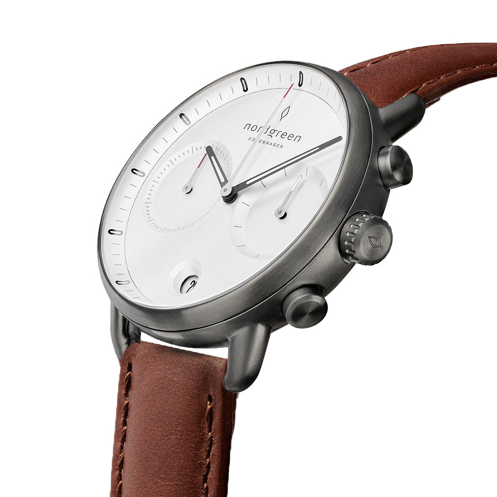 Pioneer 42mm Gun Metal White Dial with Brown Leather Watch Strap
