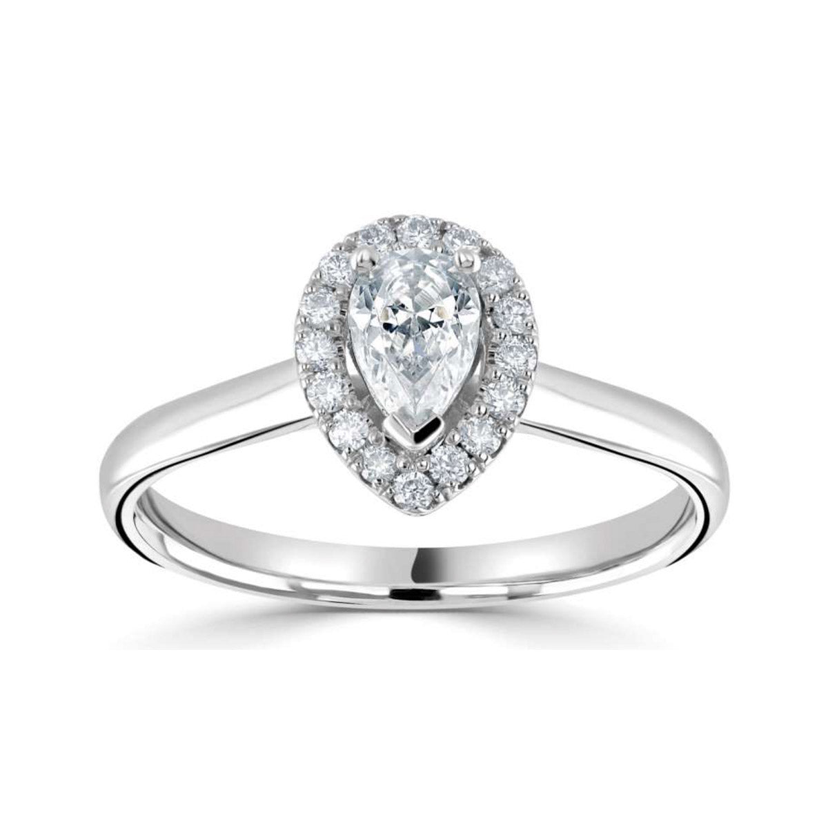 Pear cut diamond set into a classic 3 claw setting surrounded with a diamond halo engagement ring