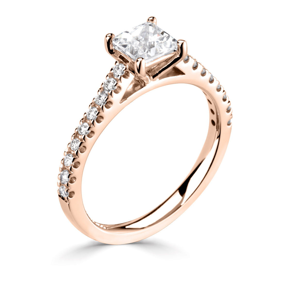 Princess square cut diamond 4 claw setting with diamond shoulders ring