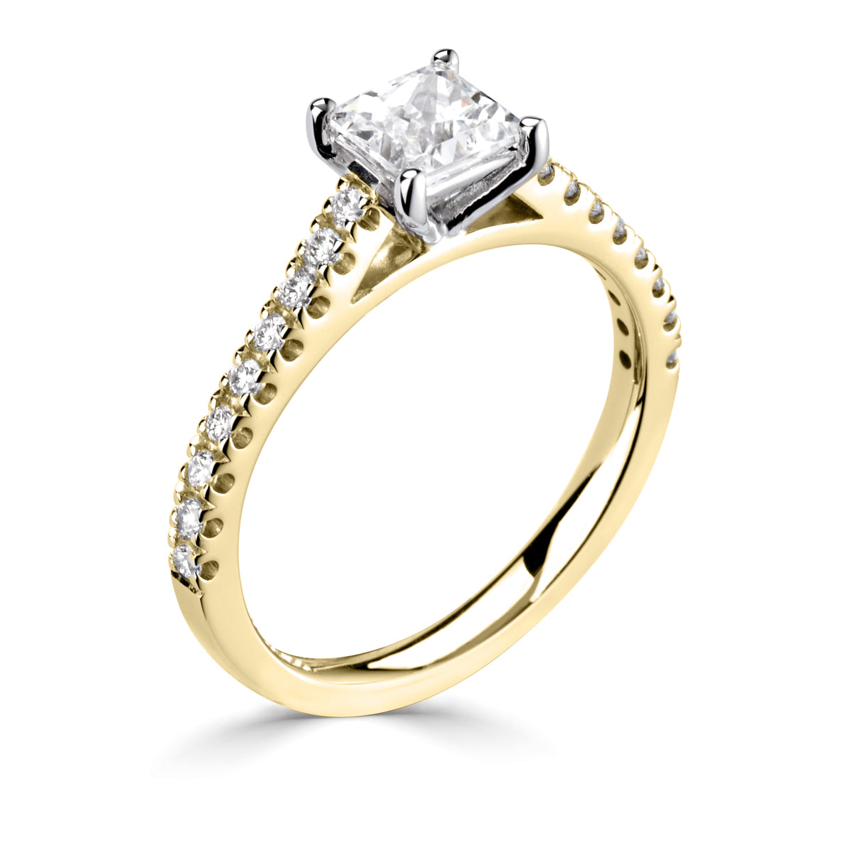 Princess square cut diamond 4 claw setting with diamond shoulders ring